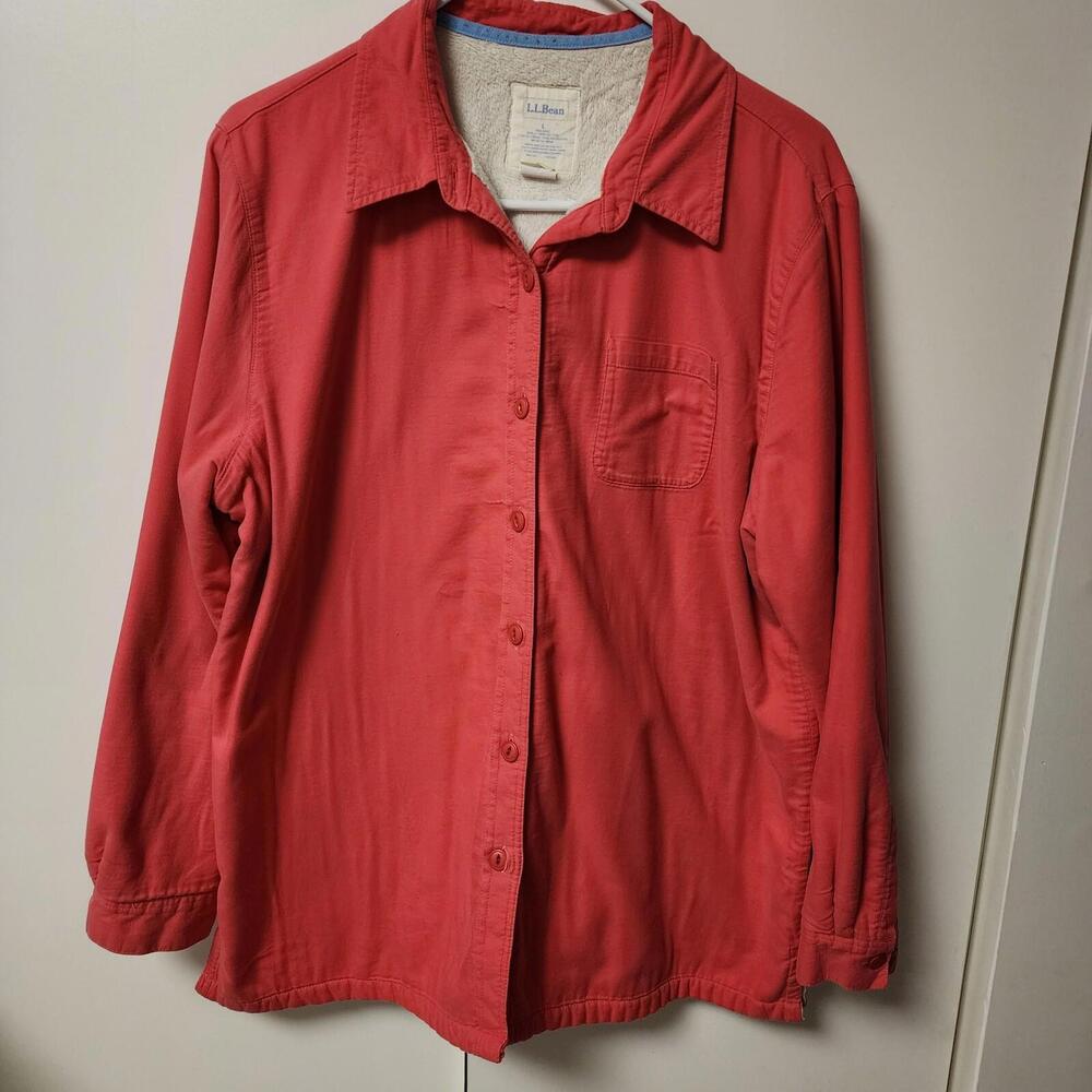 LL Bean Womens Fleece Cotton Button Up Shirt Jacket Shacket L Pink Barbie Cabin